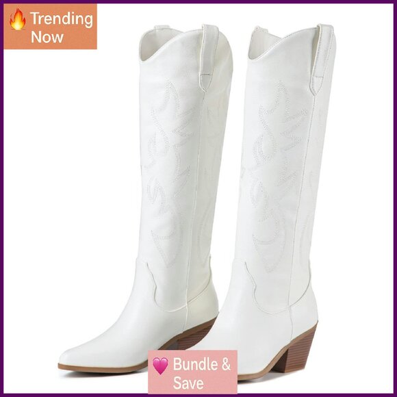 Women's Knee High Cowboy Boots 2-Inch Heel Embroidered Western Boots